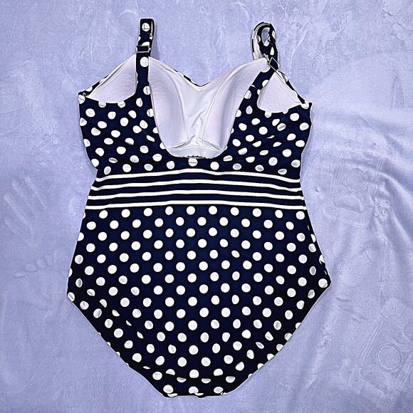 Lands End Polka Dot Striped One Piece Swimsuit Black White Tugless Womens 14 - Picture 2 of 5